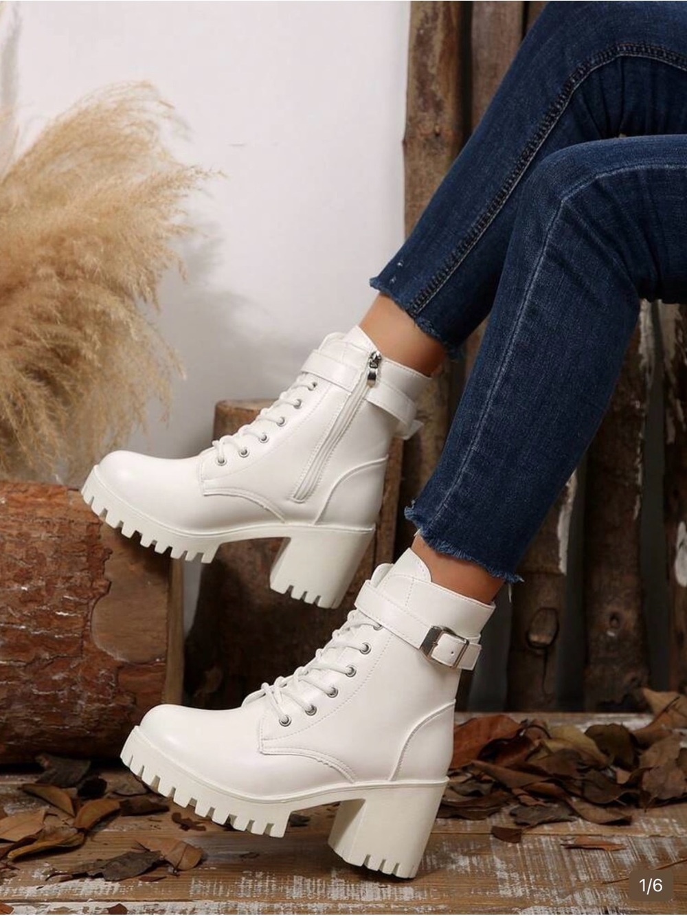 SHEIN White Chunky Lug-Heel Ankle Boots with Buckle Strap